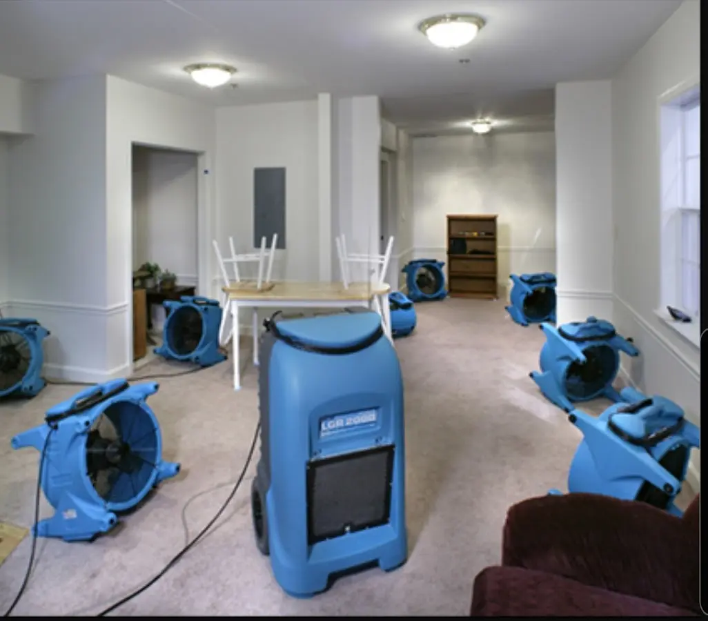 Air movers and dehumidifier setup for Water Extraction & Removal in Endicott